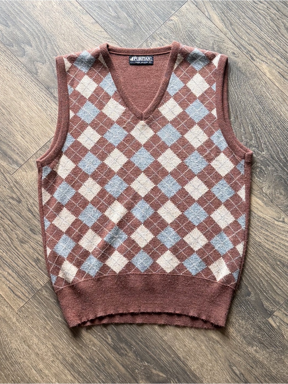 Vintage Puritan Argyle Sweater Vest Mens XL Brown Blue Preppy Grandpa Made USA